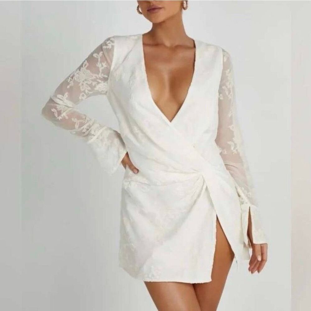 MESHKI Emory Burnout Velvet Dress XS White Floral Bridal Wrap Mini Sheer NWT